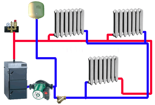 Dalawang-tubo na sistema ng pag-init na may electric boiler