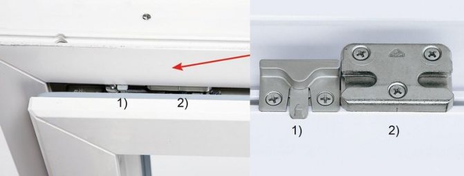 Foto: til højre - en mikroventilationsangriber (1) ved siden af ​​anti-tyverisikringsstripen (2); til venstre - lamellernes placering på vinduesrammen, vindue med et vindue