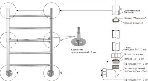 Diagram ng pag-install ng isang pinainit na twalya ng twalya